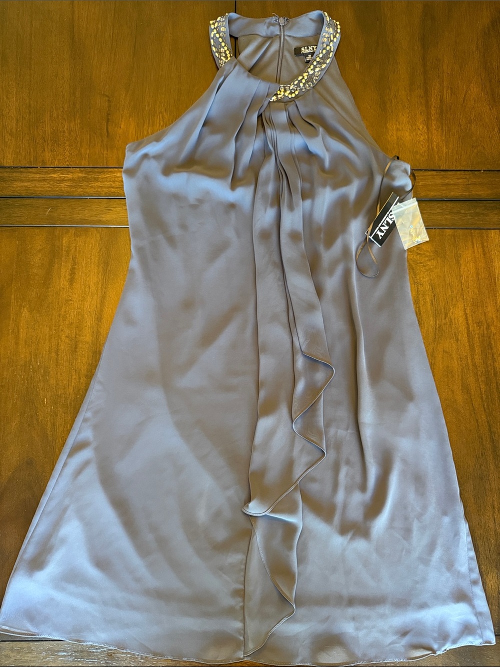 SLNY Halter Midi Dress with Embellished Neckline in Slate Gray